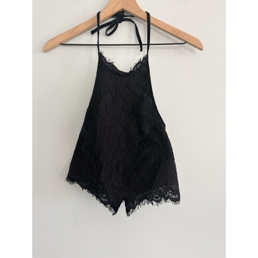 Topshop Top Womens Size 2 Black Lace Halter Scallop Fringe Bottom Party